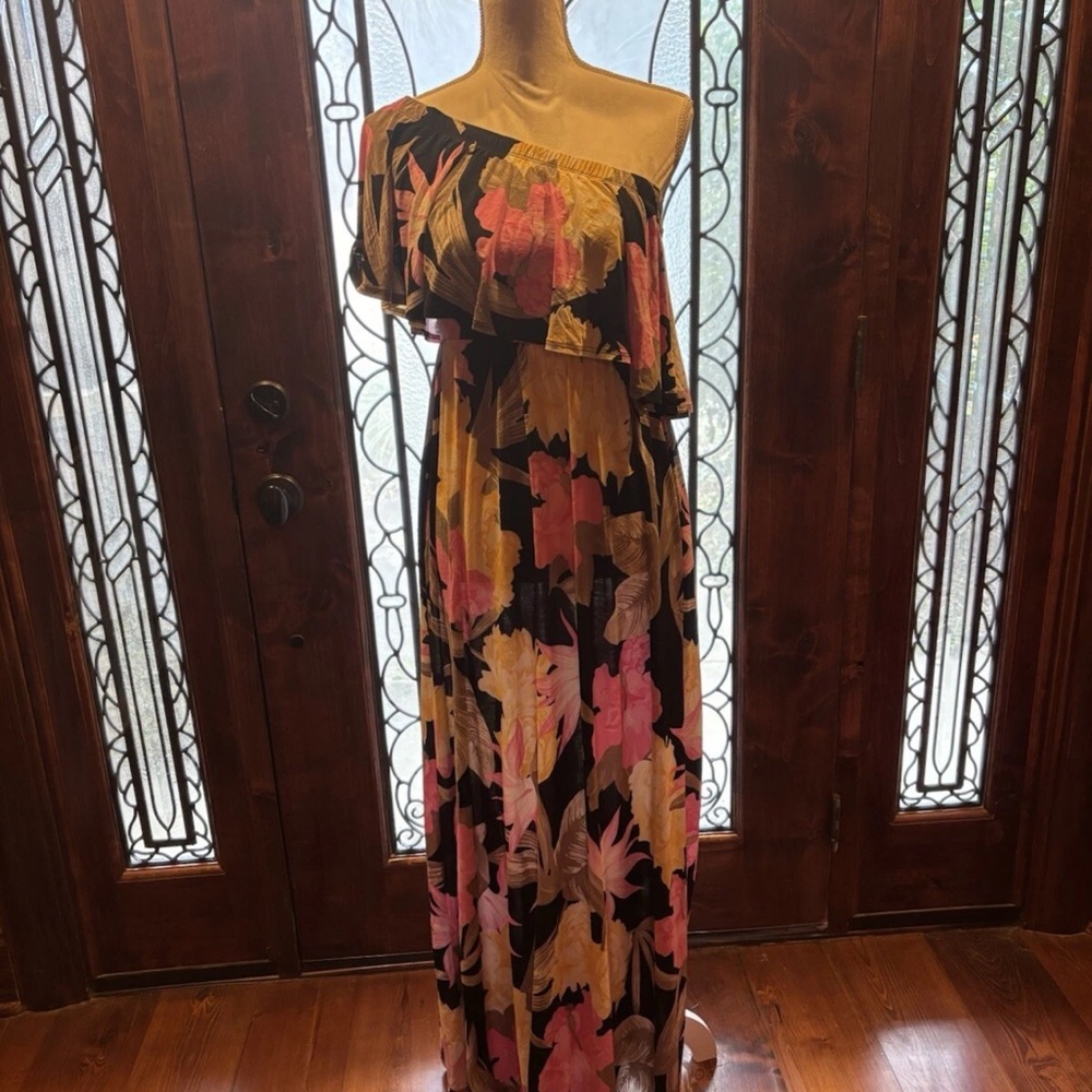 One-Shoulder Floral Maxi Dress in Black with Pink and Yellow Print